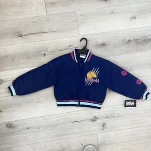 Blue Bomber Jacket with Pink and Gold Accents